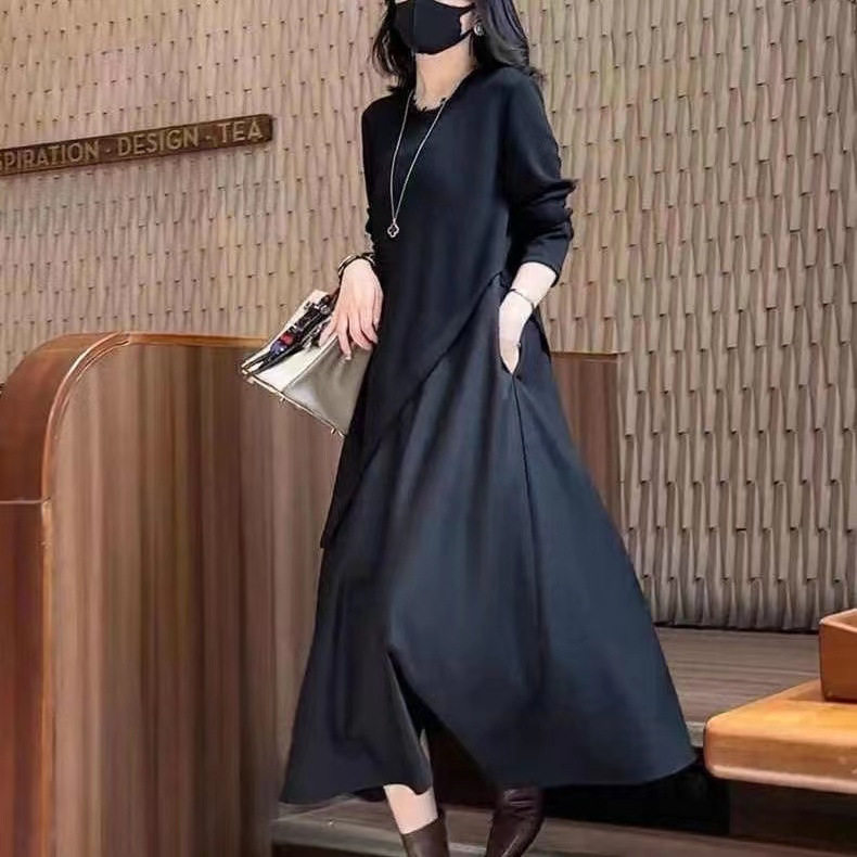 纯黑色法式显瘦长袖拼接假两件连衣裙女秋季新款圆领不规则设计感