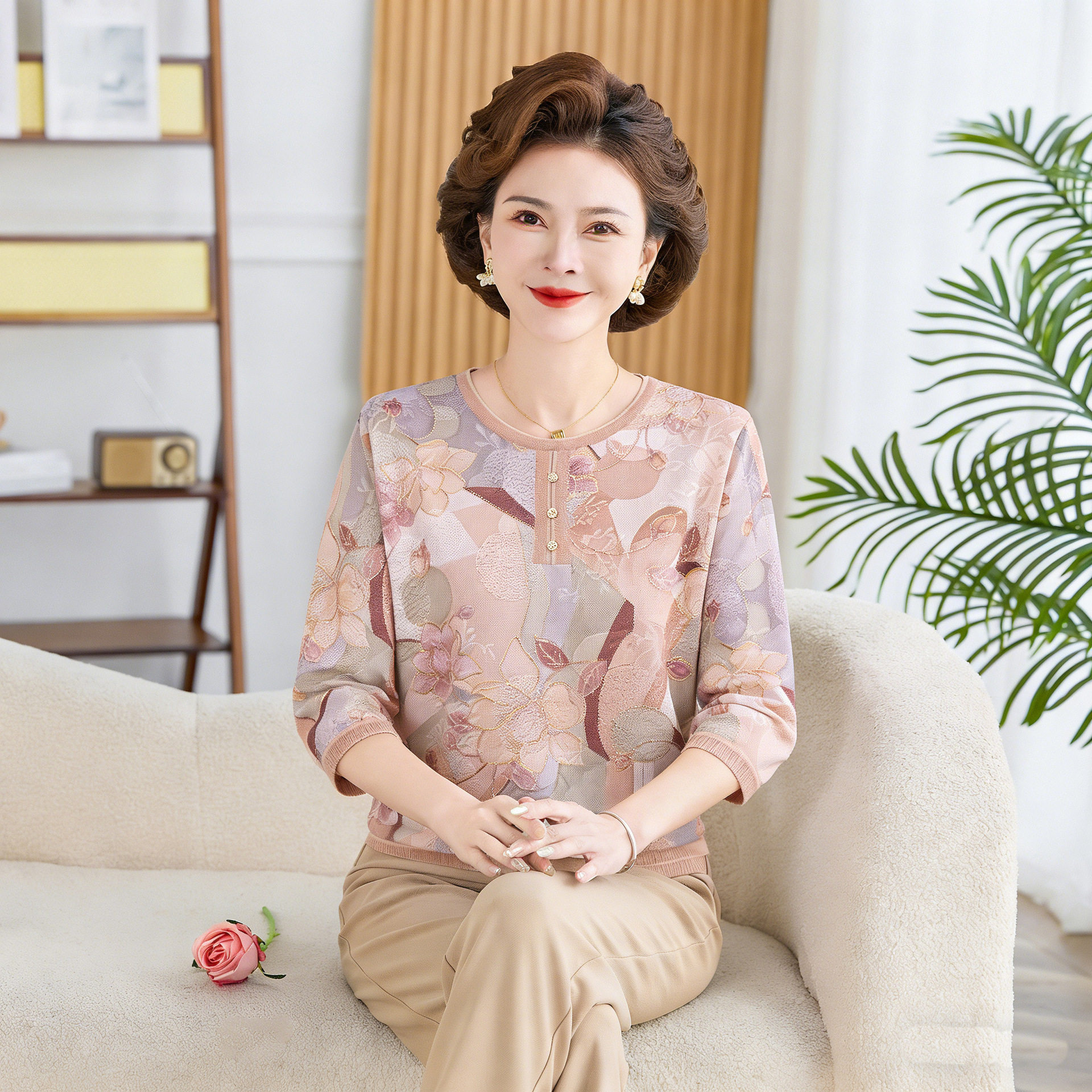妈妈中袖夏装新款宽松t恤洋气质上衣老年人夏天女装冰丝奶奶套装