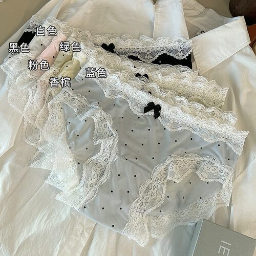 法式复古风纯欲蕾丝边少女冰丝内裤女纯棉裆蝴蝶结波点女士三角裤
