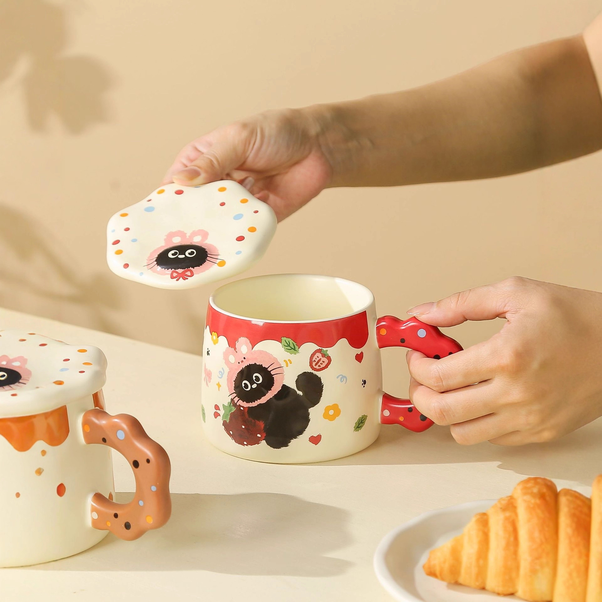 玲珑家可爱马克杯小黑猫卡通水杯情侣陶瓷杯带盖水杯