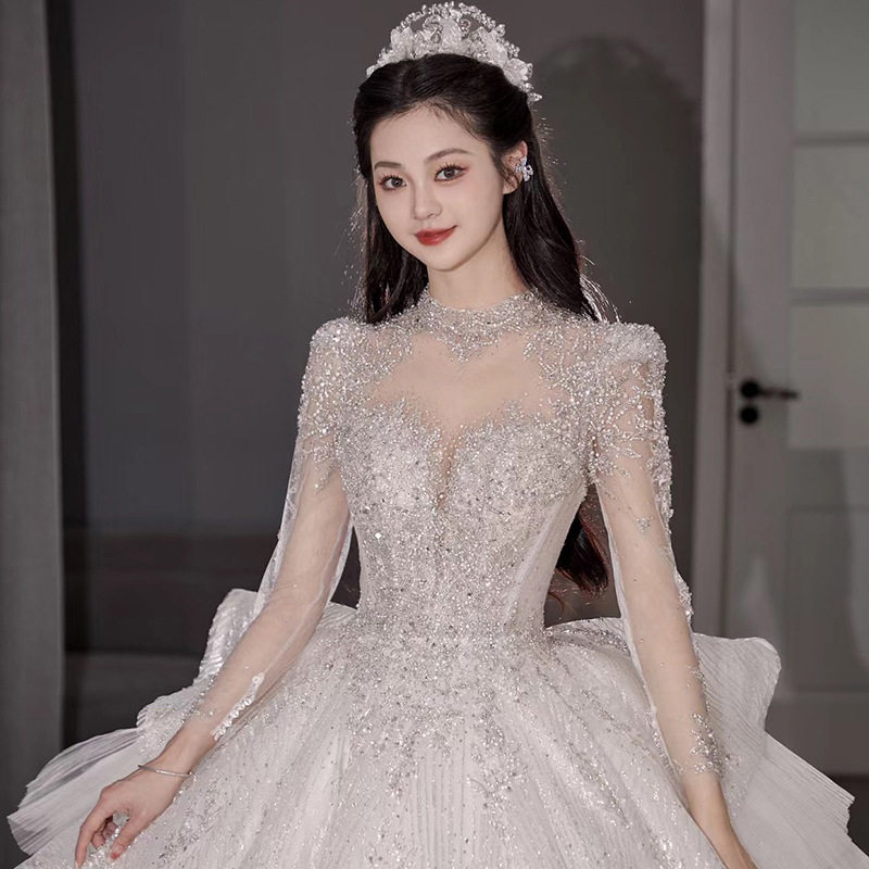 主结婚纱奢华蕾丝新娘2026年新款长袖礼服小个子大码孕妇重工D109