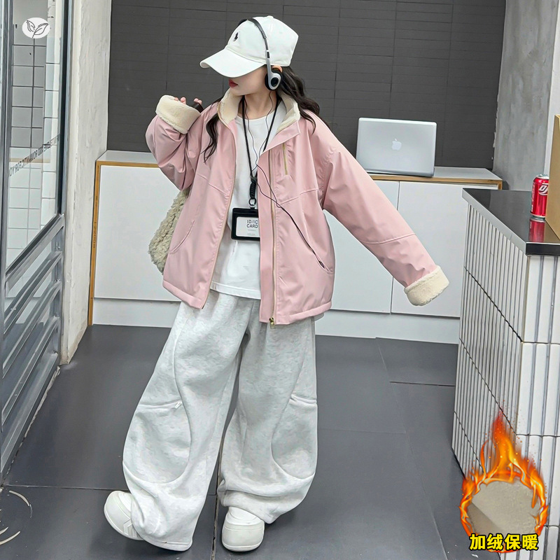 女童2025年秋冬新款樱花粉夹棉外套女大童冬季加绒加厚保暖棉衣潮，童装棉衣，祺儿童装
