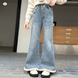 女童2025年冬季新款个性脚口毛毛边牛仔裤女大童加绒保暖喇叭裤子，童装裤子，祺儿童装