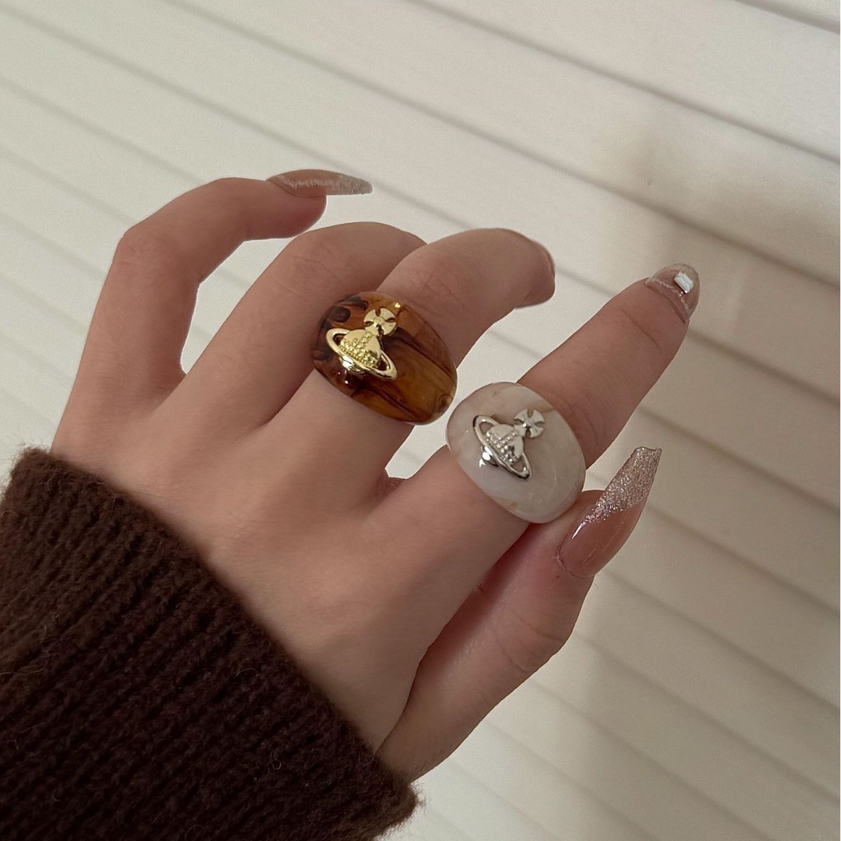 法式土星元素玳瑁色古着小众设计文艺复古优雅懒散星球造型指环戒
