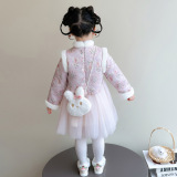 女小童新中式旗袍裙秋冬季儿童汉服网纱连衣裙女拜年服公主裙P111，童装连衣裙，祺妙童装