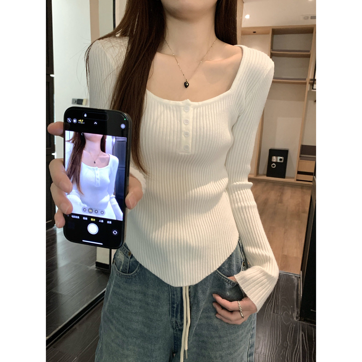 实拍实价 秋冬韩版方领纽扣显瘦坑条安迪绒针织毛衣打底上衣女