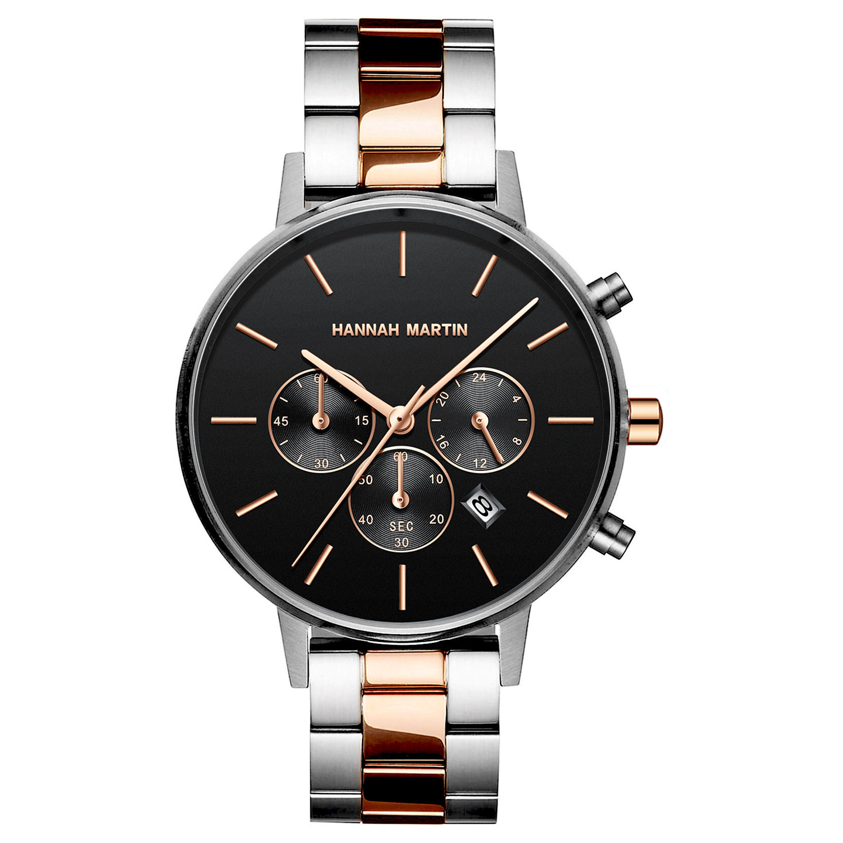 hannah martin品牌三眼六针计时日历石英手表防水手表玫瑰金手表