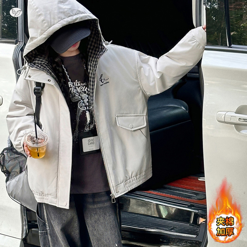 女童夹棉冲锋衣冬季2025新款中大童格子拼接连帽外套夹克衫儿童棉，童装外套，祺儿童装