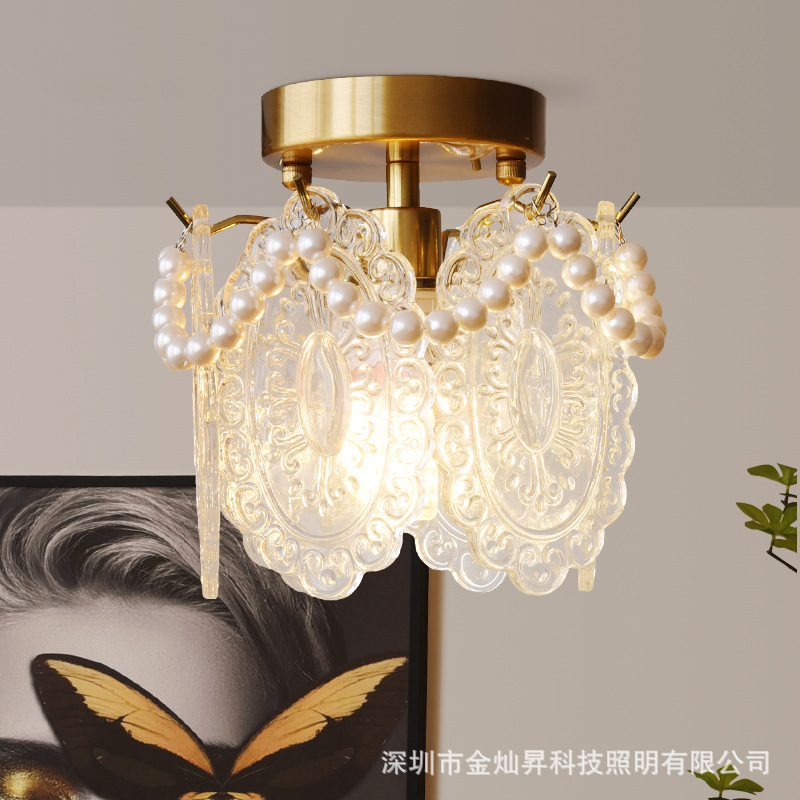 法式轻奢吸顶灯过道玄关入户美式走廊衣帽间复古水晶珍珠玻璃小灯