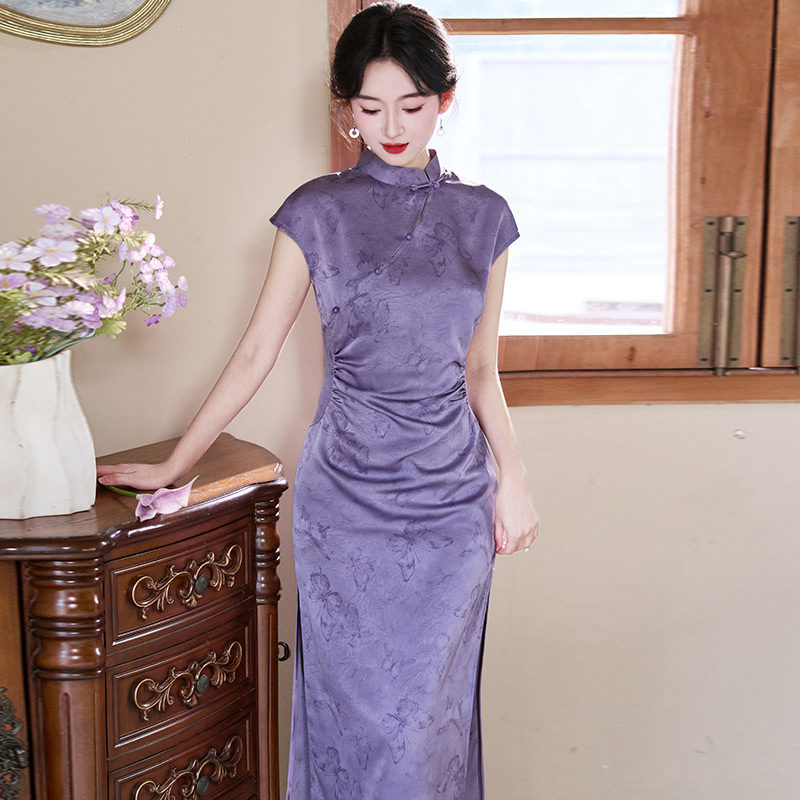 紫色新中式长款改良旗袍2026新款年轻款女级感收腰晚礼服春夏季