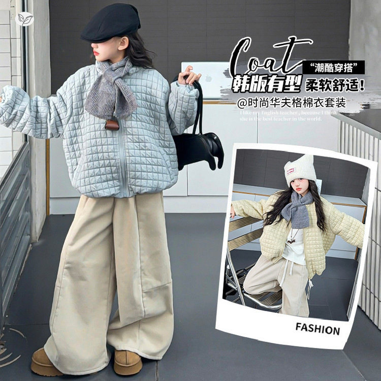 女童棉服外套2025年冬季新款中大童珩线格子棉衣加绒阔腿裤两件套，童装外套，祺儿童装