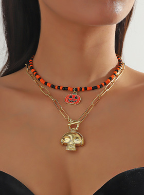 暗黑哥特风蜘蛛南瓜蝙蝠万圣节项链欧美跨境万圣节骷髅头吊坠项链