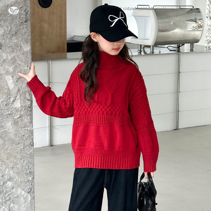 女童加厚毛衣2025秋冬新款半领花纹针织衫中大童简约内搭打底衫，童装毛衣，祺儿童装