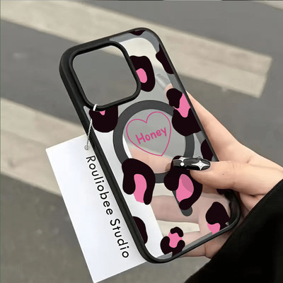 Leopard print pink heart magnetic clear case适用iphone 11 12 13 14 15 16 plus 17 pro max