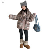 女童2025年冬季新款樱粉双面可穿带围脖毛毛衣棉外套女孩加绒棉服，童装棉衣，祺儿童装