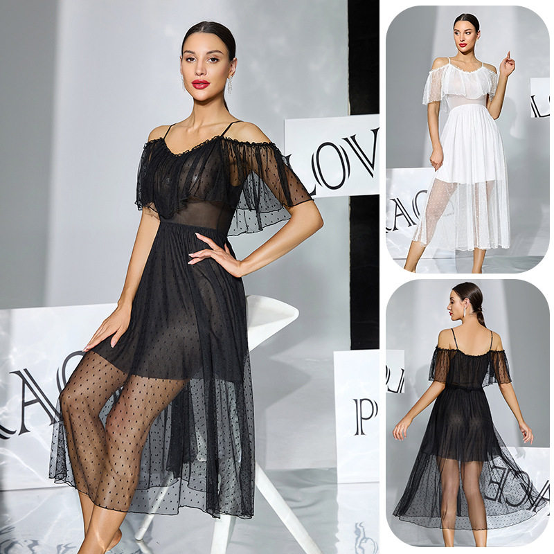 性感雪纺网纱露肩波点透视吊带睡裙双层荷叶边冰丝女中长款沙滩裙