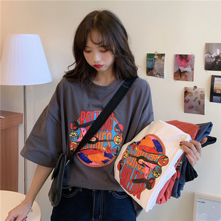 韩版 短袖 女式 中长款 T恤女宽松学生情侣衣服 新款 卡通美洋印花夏装