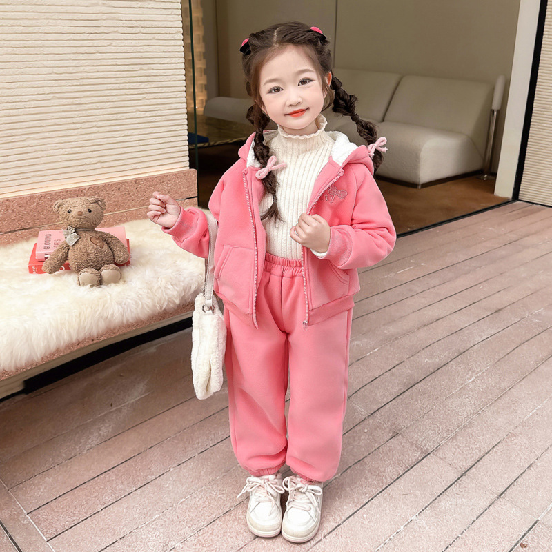 女童秋冬季加绒套装2025冬装新款洋气运动装女冬款连帽两件套P95，童装休闲套装，祺妙童装