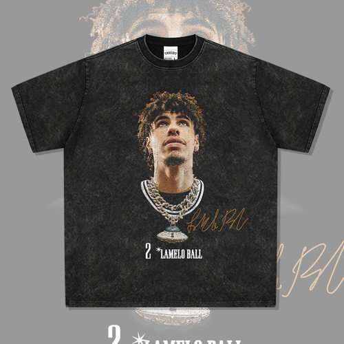 三球LaMelo Ball项链印花美式复古宽松短袖重磅纯棉小领口t恤