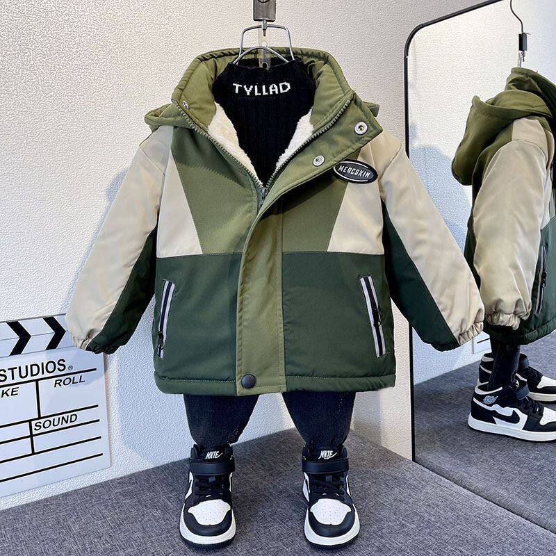 2025韩版男童冬季棉服冬季加绒加厚棉袄洋气拼接派克棉服外套潮