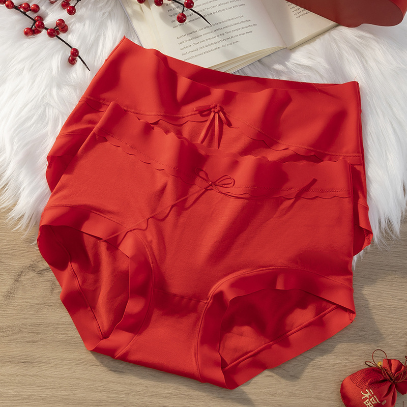 出口欧美风格外贸单本命年无痕内裤女莫尔大红中腰蝴蝶结婚三角裤