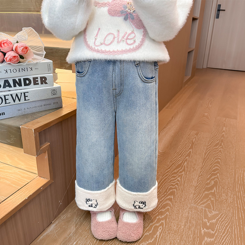 女童加绒阔腿牛仔裤秋冬季2025新款儿童时髦洋气保暖冬装裤子P72，童装裤子，祺妙童装