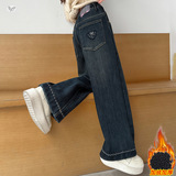 女童复古加绒牛仔裤2025年秋冬新款中大童后袋刺绣阔腿裤直筒长裤，童装裤子，祺儿童装