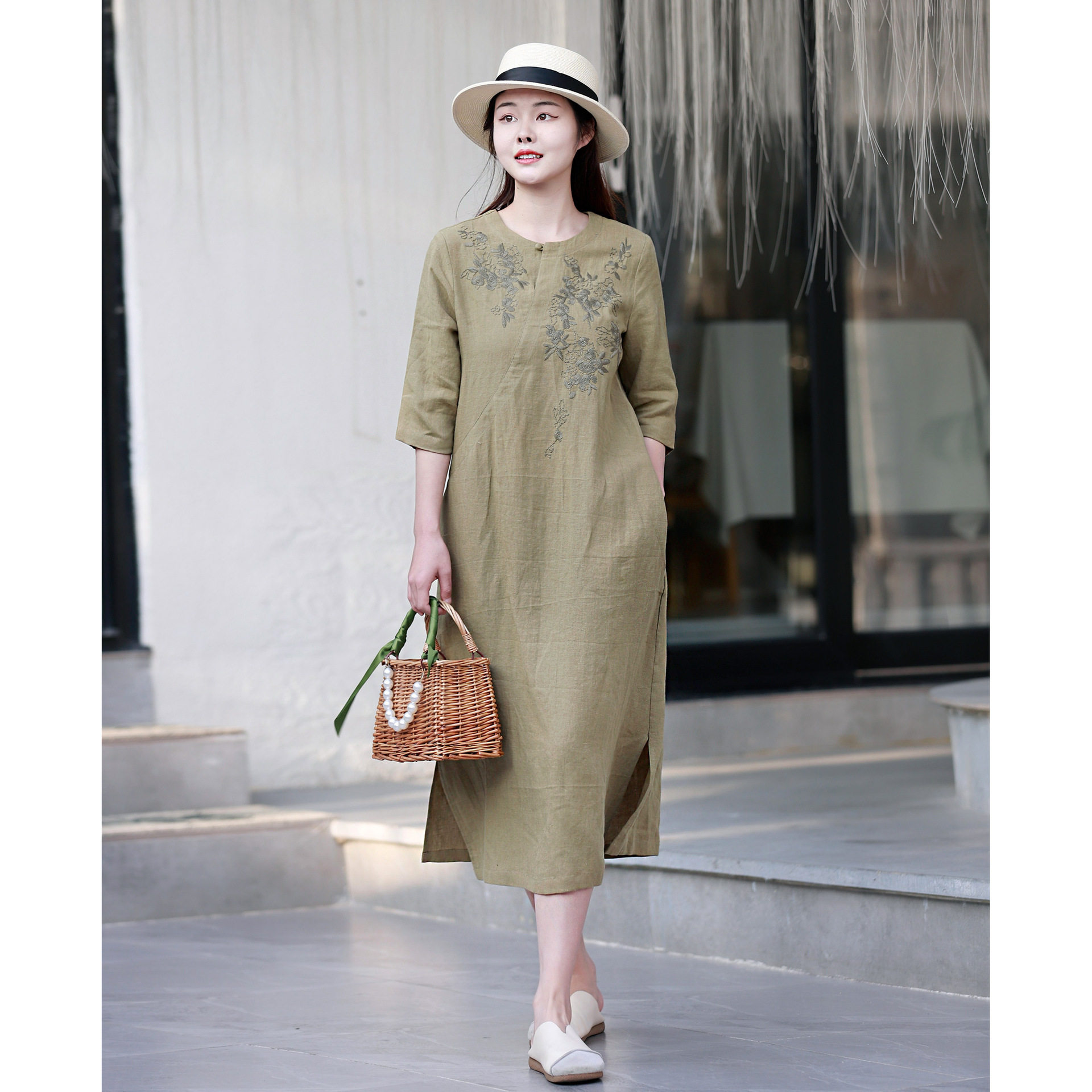 2023春夏款原创女装纯亚麻高端绣花改良旗袍款气质连衣裙茶服袍子
