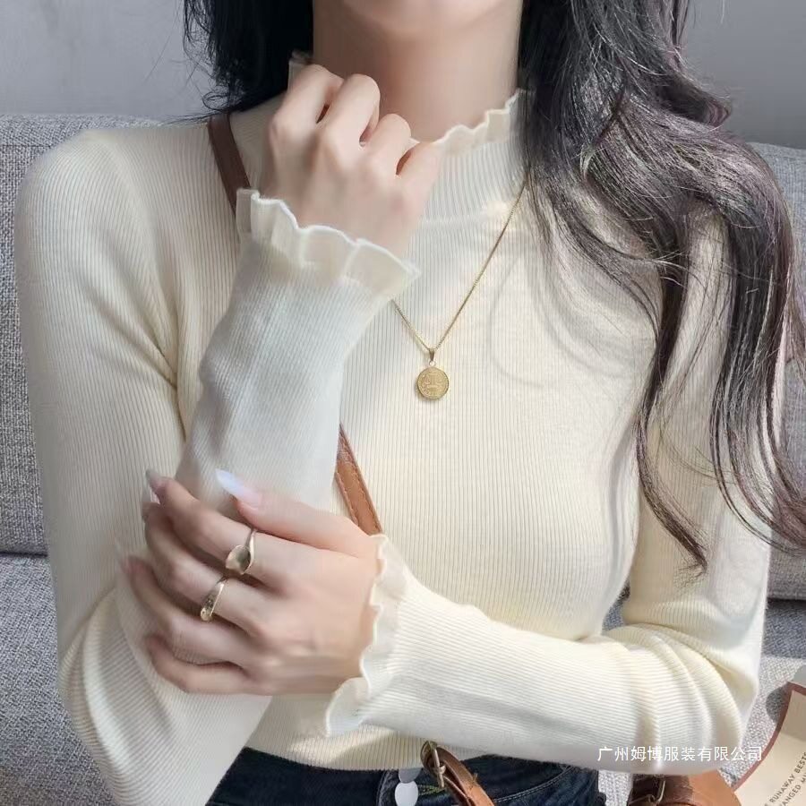 蕾丝木耳边毛衣女打底2026新春款半领修身长袖针织衫洋气上衣