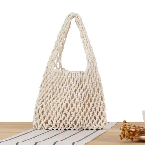 New Macaron Cotton Rope Handmade Hollow-out Woven Bag for Be