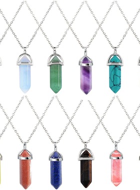 跨境爆款 子弹头吊坠天然石项链六角柱石项链玛瑙石项链首饰