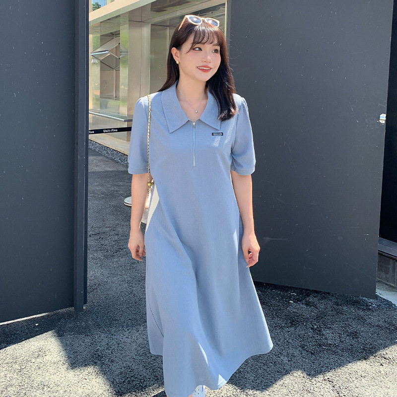 伊诺大码女装连衣裙 夏季200斤胖mm拉链撞色长裙显瘦遮肚子藏肉