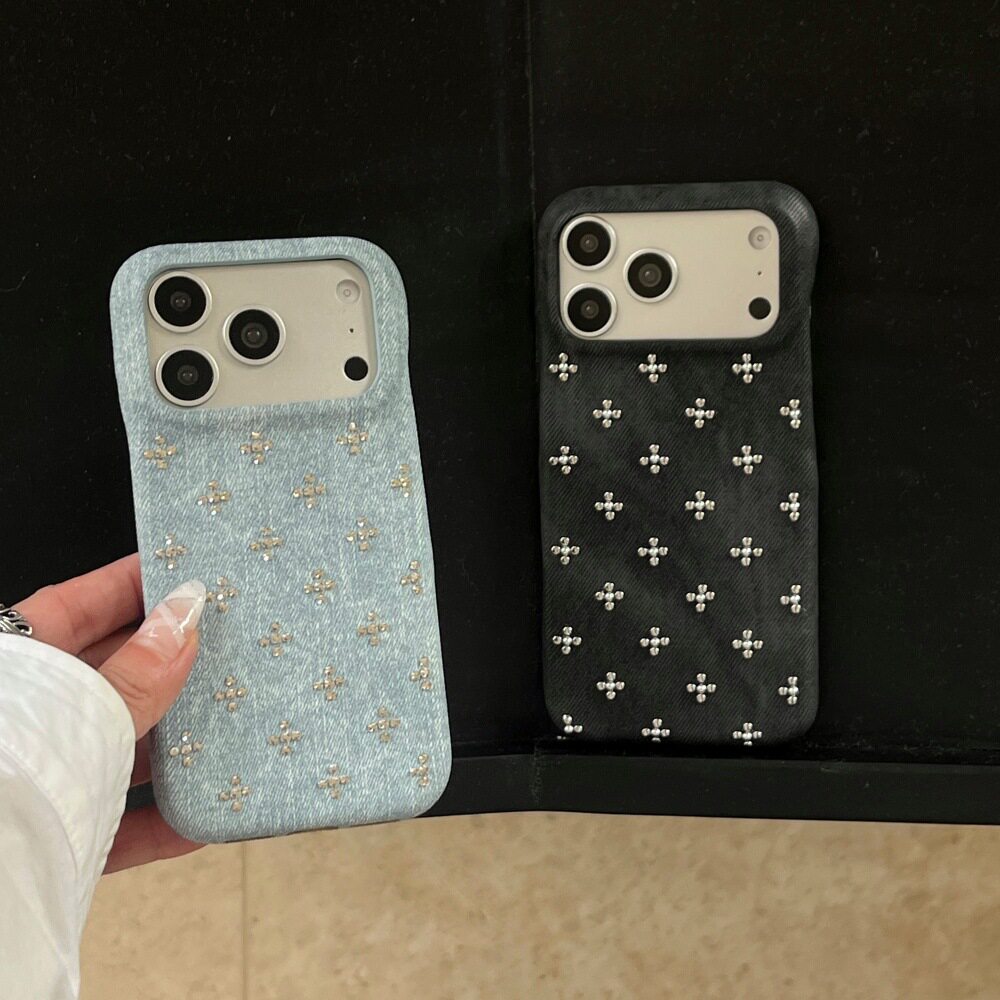 纯色复古牛仔四叶草手机壳适用苹果17/16PROMAX个性水钻iPhone15/14简约高级感刺绣防摔保护套