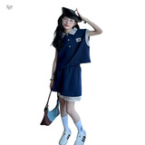 女童运动套装2025女孩POLO衫无袖上衣蕾丝拼接半身裙大童两件套夏，童装休闲套装，祺儿童装