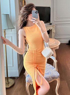 2025夏季新款女装纯欲风修身显瘦无袖连衣裙性感开叉一步裙10118