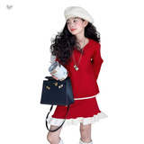 女童套装2025年秋冬新款中大童V领毛衣荷叶边短裙针织两件套春秋，童装休闲套装，祺儿童装
