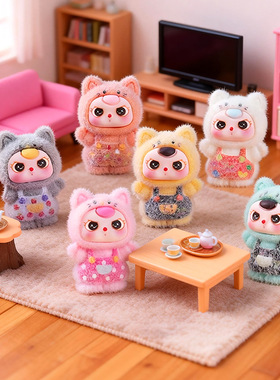 植绒背带裤小公仔摆件 ins 风桌面装饰微景卡通树脂玩偶生日礼物