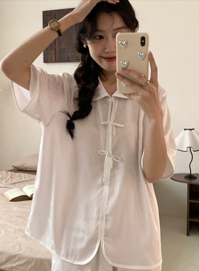 清仓CACA夏款国风套装浪漫美衣轻奢冰丝提花睡衣缎面大翻领家居服