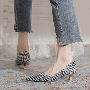 千鸟格高跟鞋尖头复古设计感气质小香风5公分不累脚酒杯跟少女夏