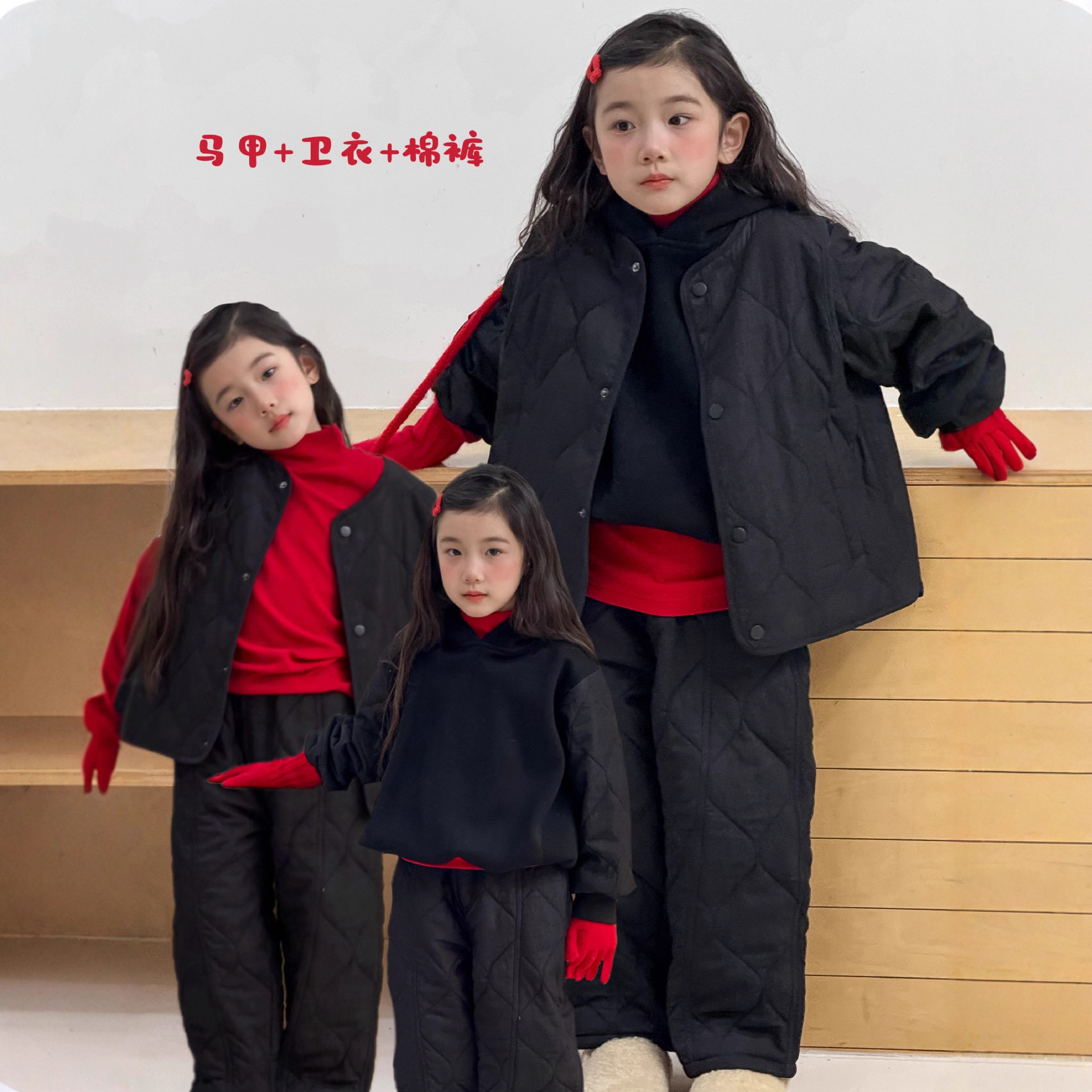 大童洋气韩国冬季棉衣女童加厚儿童牛仔棉服卫衣马甲棉裤三件套装