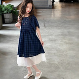 女童连衣裙夏季2025新款湖州织里童装蓝格子拼接裙子棉布公主裙潮，商品下架区，祺儿童装