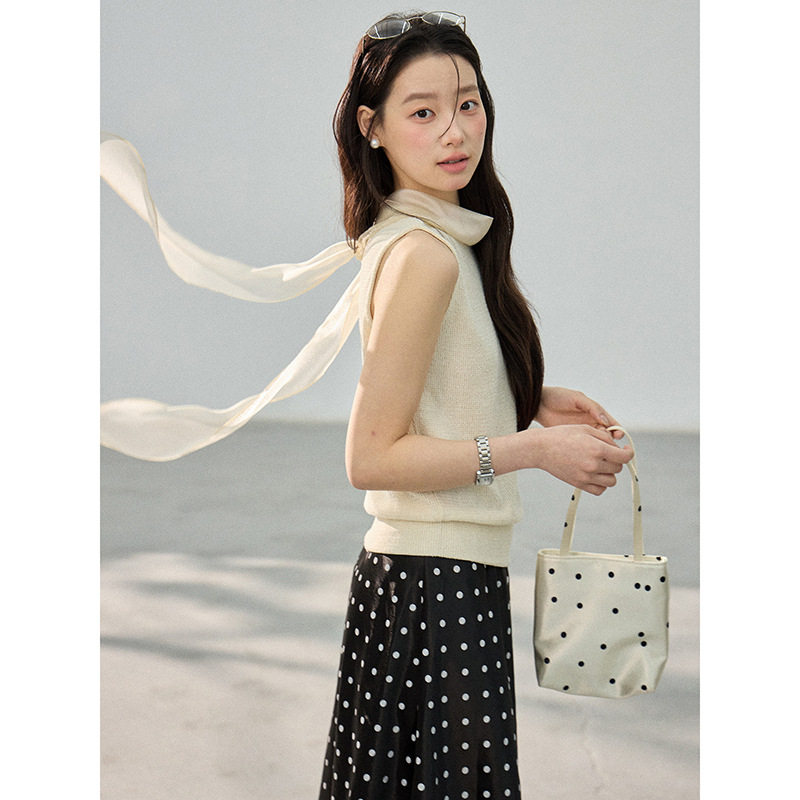 韩系休闲夏季新品网纱飘带雪纺背心修身针织上衣女CN191