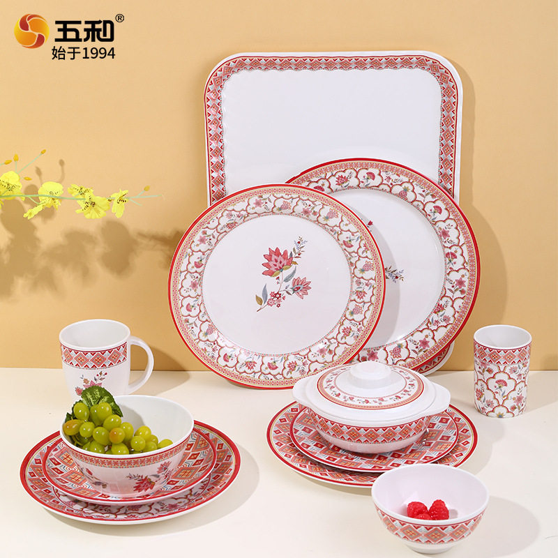 五和A5料食品级密胺树脂餐具民俗风情系列轻奢复古碗盘碟杯套装