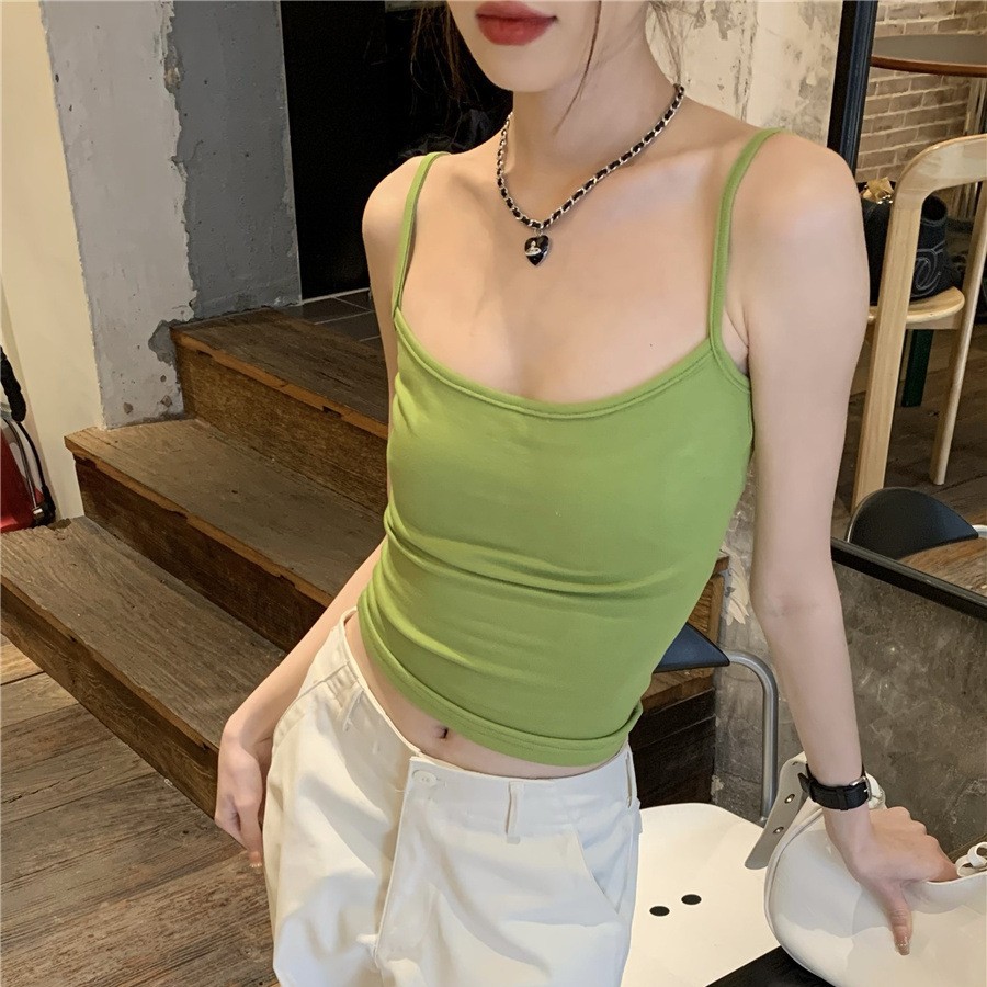 甜辣妹纯色外穿吊带背心女春季修身显瘦短款内搭打底带胸垫内衣