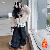 女童夹棉毛毛衣2025冬季新款中大童字母绣花外套短款保暖外出上衣，童装外套，祺儿童装