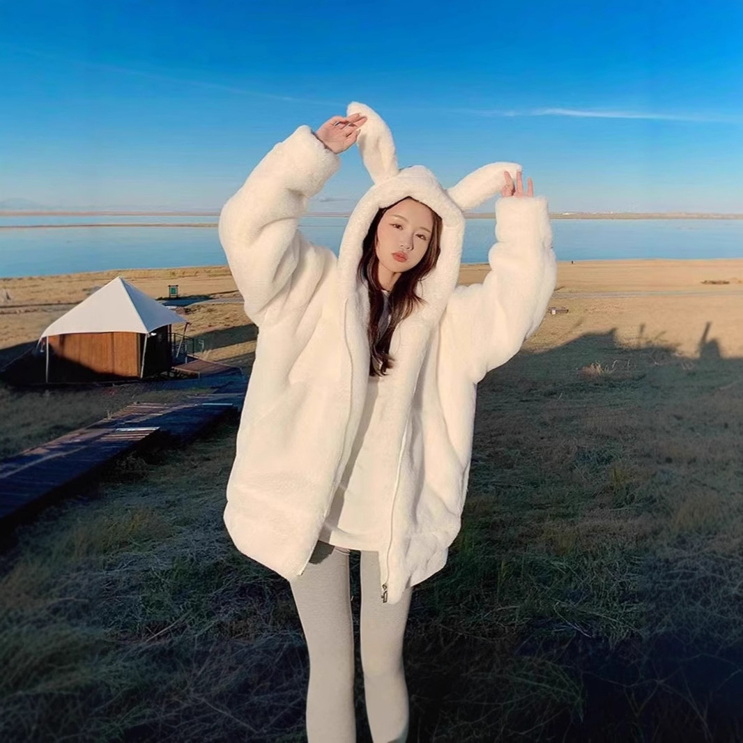 女装奶fufu兔耳朵可爱羊羔毛外套女冬新款加棉加厚软糯毛茸茸棉服