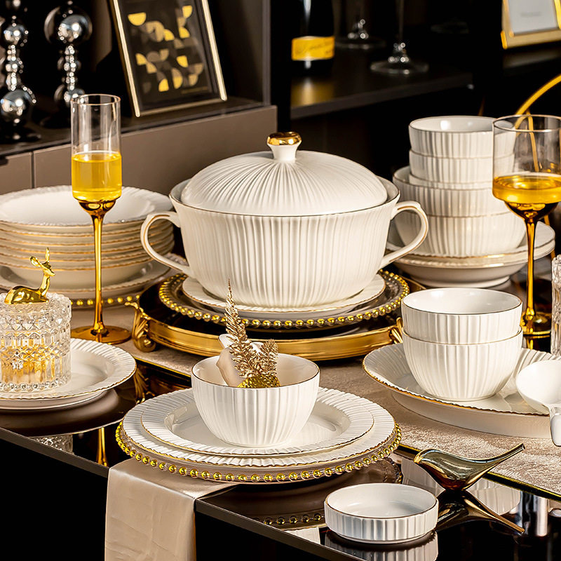 璀璨莱茵景德镇手绘金边白瓷餐具套装级感碗碟盘子组合礼盒装送礼,餐饮具,碗,淘宝优惠券,粉丝福利购,淘宝优惠卷