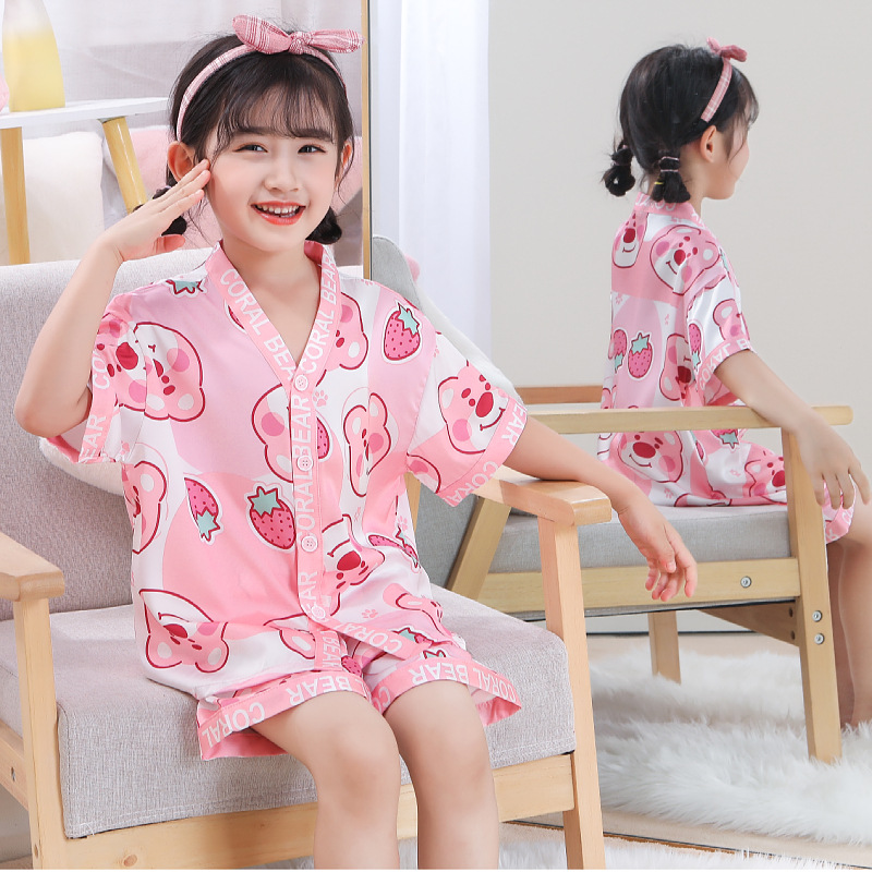 2024新款女童夏季短袖冰丝睡衣女孩甜美卡通薄款家居服套装