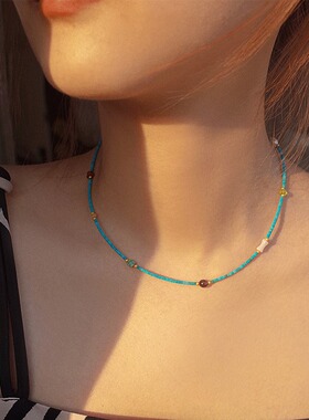 仿绿松石珍珠项链女百搭复古高级感小众新中式串珠轻奢锁骨链饰品