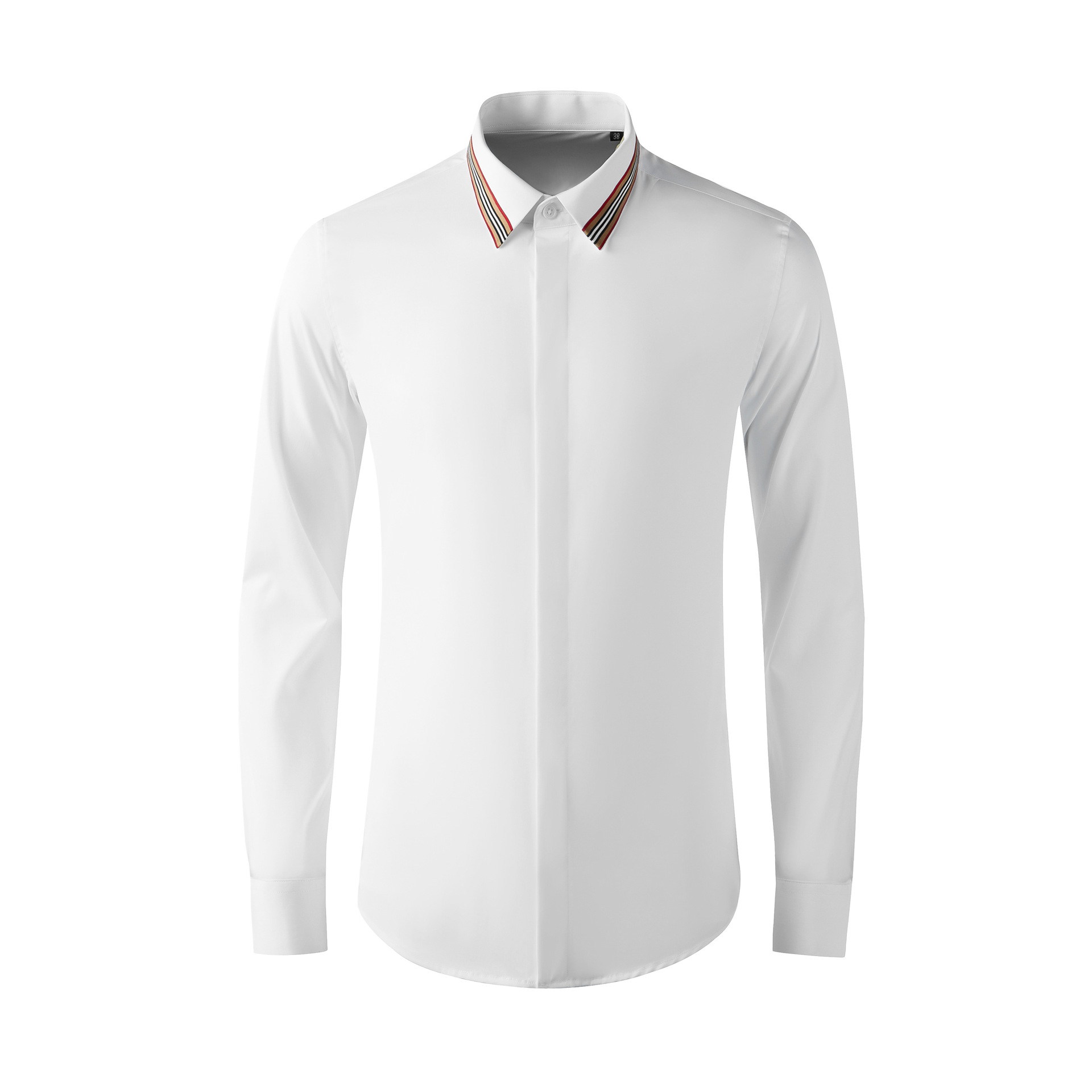 潮流领袖口时尚条纹织带长袖衬衫男士修身黑白纯色百搭休闲衬衣棉